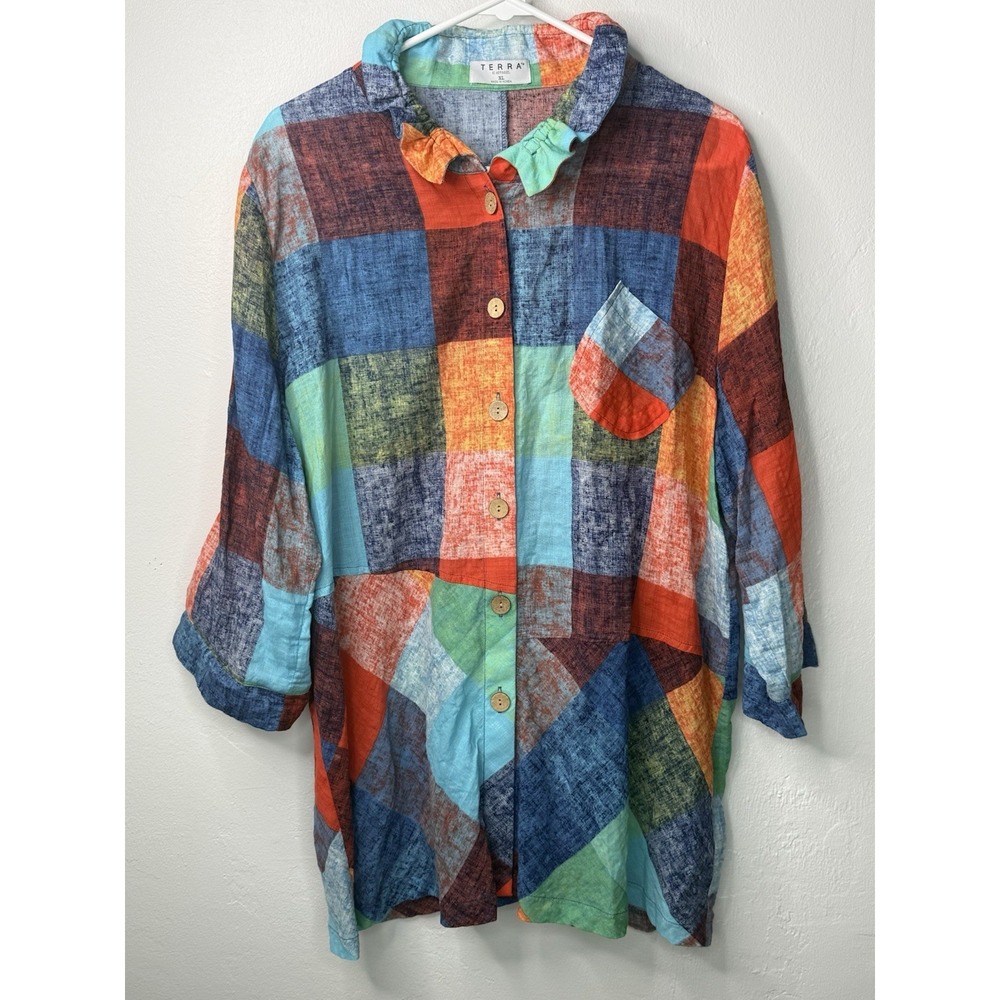 TERRA SJ Apparel XL Multicolor Patchwork Button-up Tunic Blouse Lagenlook -2807 - Picture 2 of 8